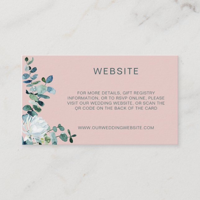 Elegant eucalyptus & white flowers QR Code website Enclosure Card (Front)