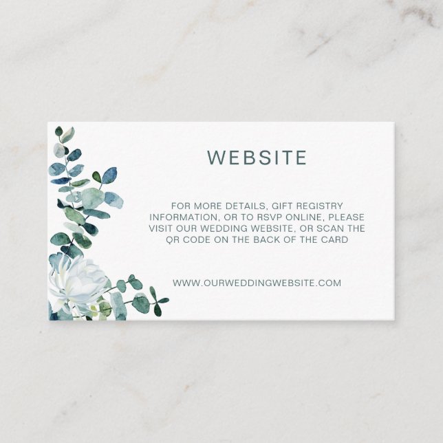 Elegant eucalyptus & white flowers QR Code website Enclosure Card (Front)