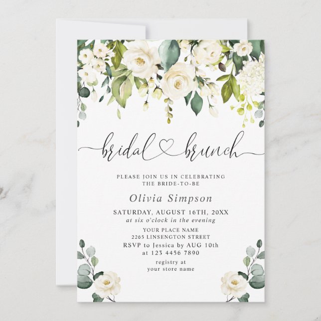 Elegant Eucalyptus White Roses Bridal Brunch Invitation (Front)