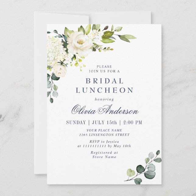 Elegant Eucalyptus White Roses BRIDAL LUNCHEON Invitation (Front)