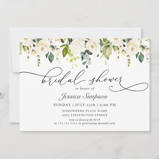 Elegant Eucalyptus White Roses Bridal Shower Invitation (Front)