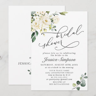 Elegant Eucalyptus White Roses Bridal Shower Invitation