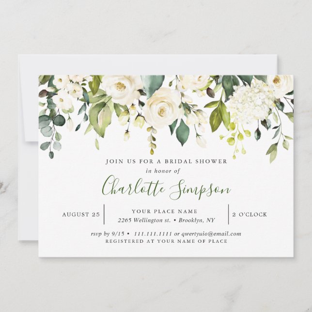 Elegant Eucalyptus White Roses Bridal Shower Invitation (Front)