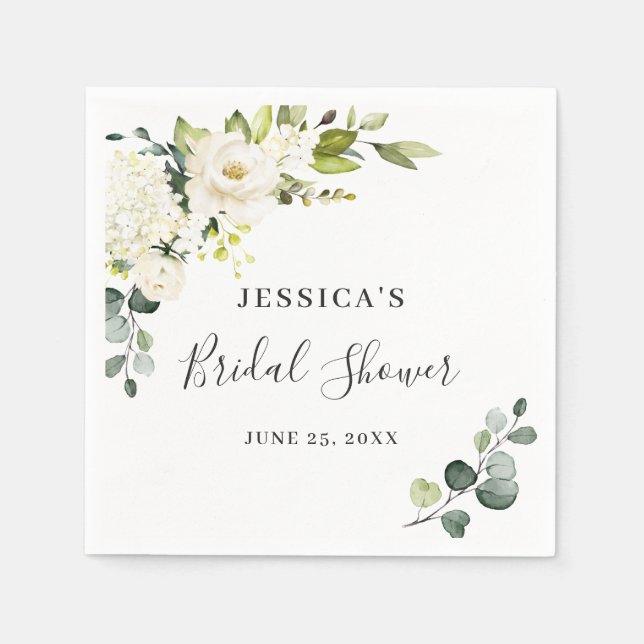 Elegant Eucalyptus White Roses Bridal Shower Napkin (Front)