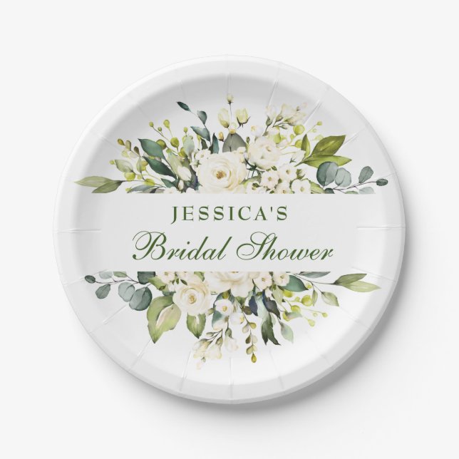 Elegant Eucalyptus White Roses Bridal Shower Paper Plate (Front)