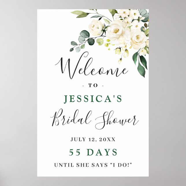 Elegant Eucalyptus White Roses Bridal Shower Poster (Front)