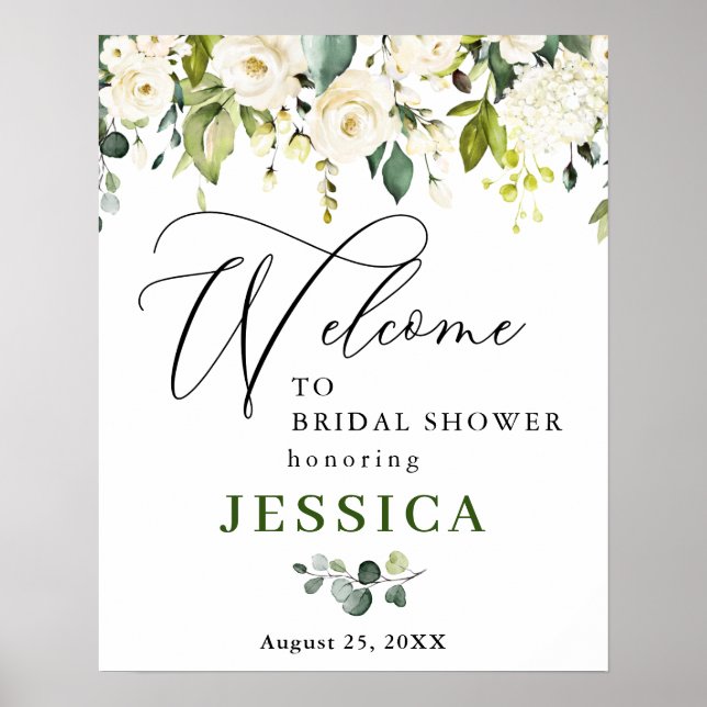Elegant Eucalyptus White Roses Bridal Shower Poster (Front)