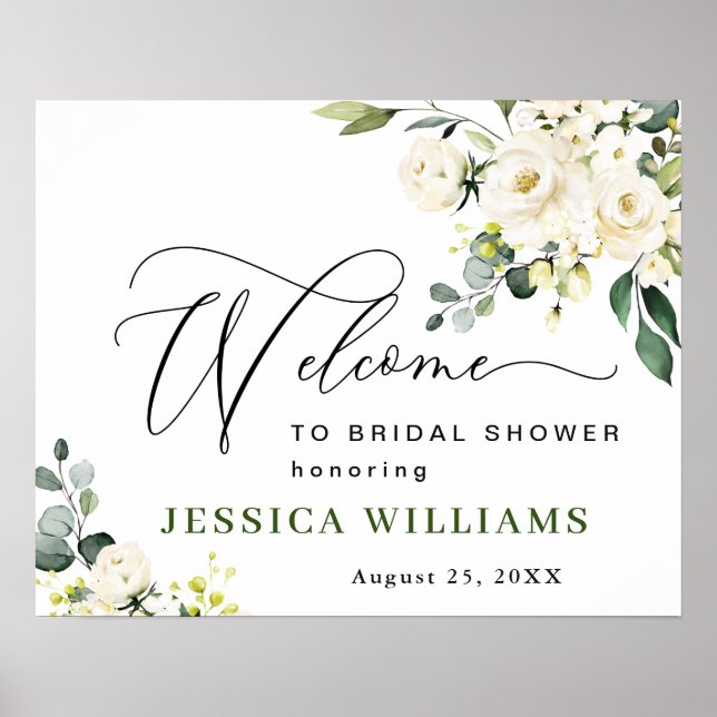 Elegant Eucalyptus White Roses BRIDAL SHOWER Poster (Front)
