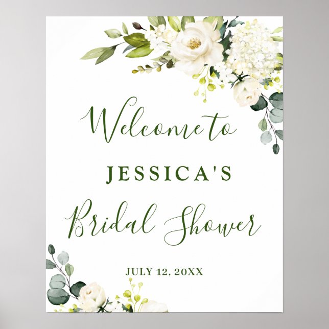 Elegant Eucalyptus White Roses Bridal Shower Poster (Front)