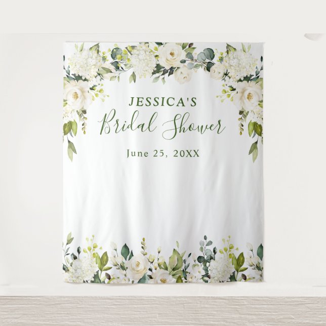 Elegant Eucalyptus White Roses Bridal Shower Tapestry (Front)
