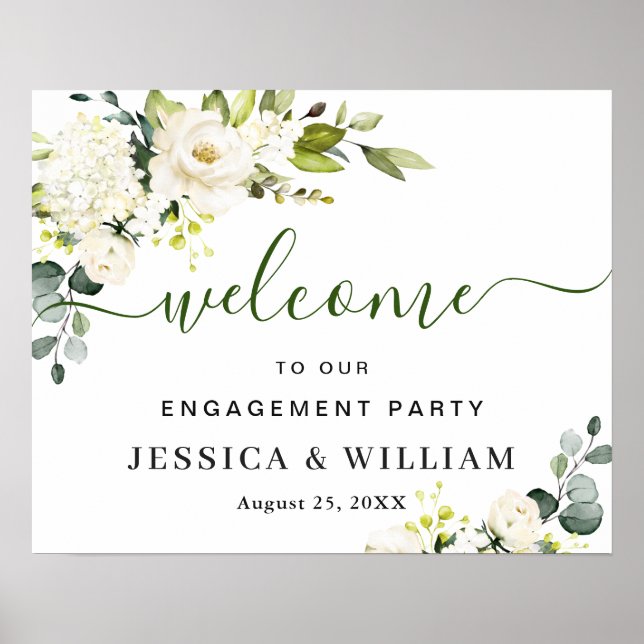 Elegant Eucalyptus White Roses ENGAGEMENT PARTY Poster (Front)