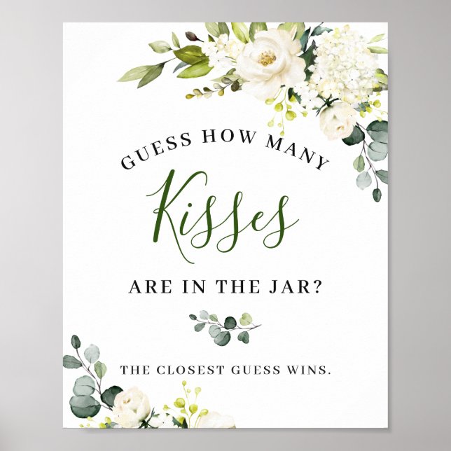 Elegant Eucalyptus White Roses Floral Sign Poster (Front)