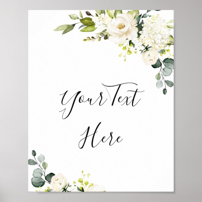 Elegant Eucalyptus White Roses Floral Sign Poster (Front)