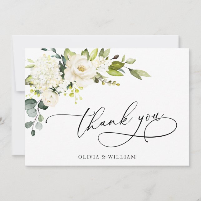 elegant Eucalyptus White Roses Floral Thank You Card (Front)