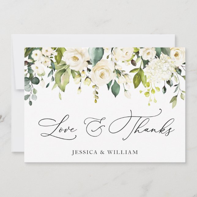 Elegant Eucalyptus White Roses Floral Thank You Card (Front)