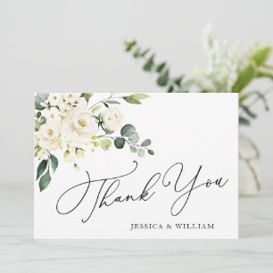 Elegant Eucalyptus White Roses Floral Thank You Card