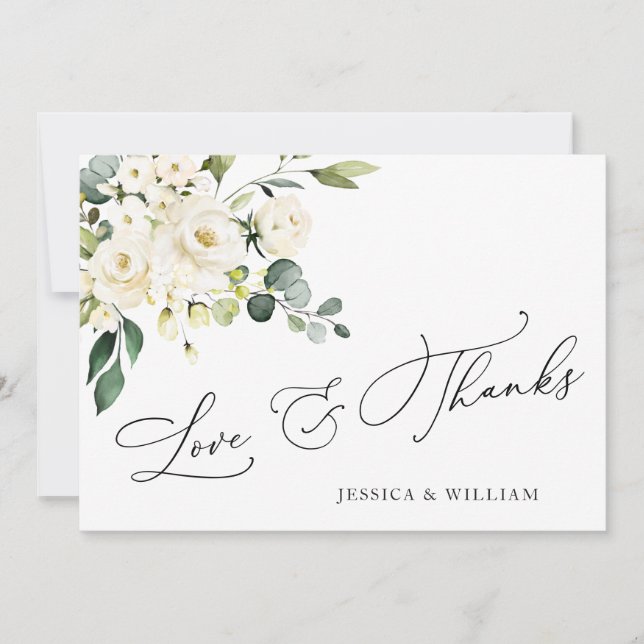 Elegant Eucalyptus White Roses Floral Thank You Card (Front)