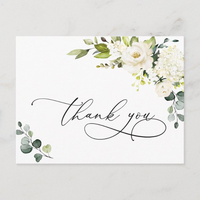 Elegant Eucalyptus White Roses Floral Thank You Postcard (Front)