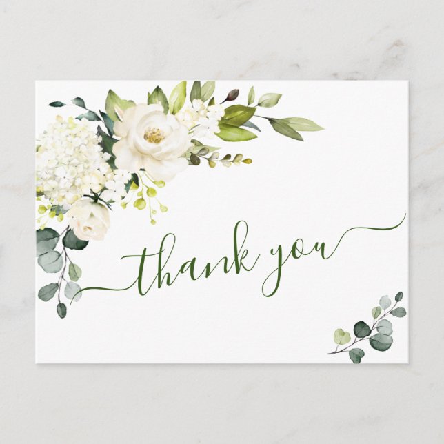 Elegant Eucalyptus White Roses Floral Thank You Postcard (Front)