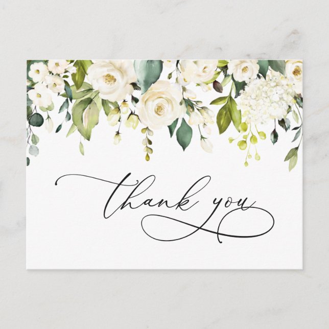 Elegant Eucalyptus White Roses Floral Thank You Postcard (Front)