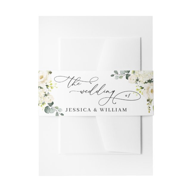 Elegant Eucalyptus White Roses Floral Wedding Invitation Belly Band (Front Example)