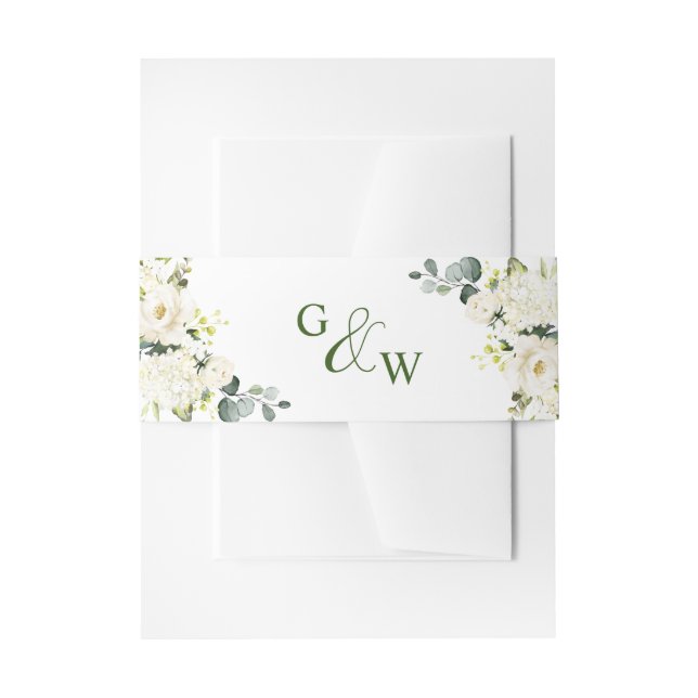 Elegant Eucalyptus White Roses Floral Wedding Invitation Belly Band (Front Example)