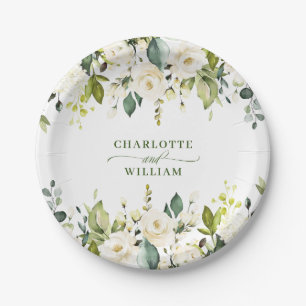 Elegant Eucalyptus White Roses Floral Wedding Paper Plate