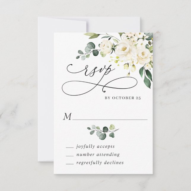 Elegant Eucalyptus White Roses Floral Wedding RSVP Card (Front)