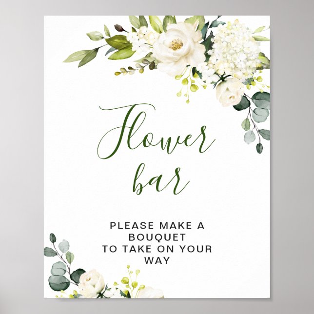 Elegant Eucalyptus White Roses Flower Bar Sign (Front)