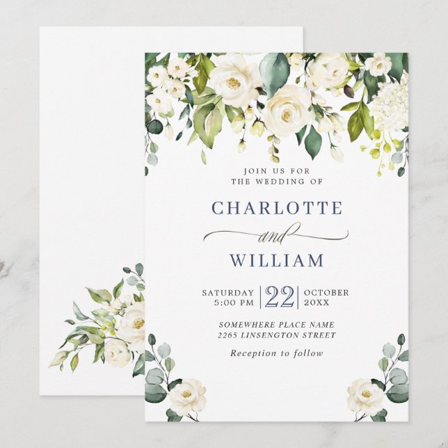Elegant Eucalyptus White Roses Greenery Wedding Invitation (Front/Back)