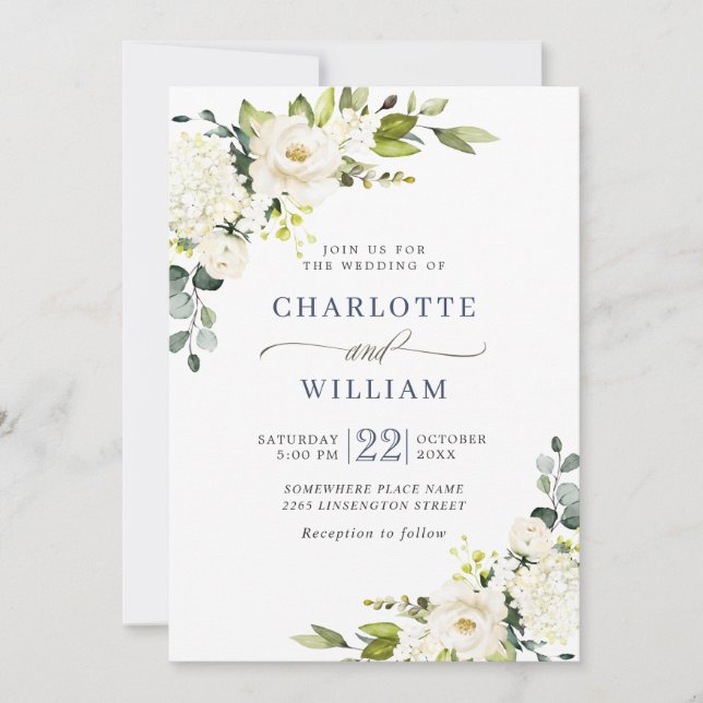 Elegant Eucalyptus White Roses Greenery Wedding Invitation (Front)