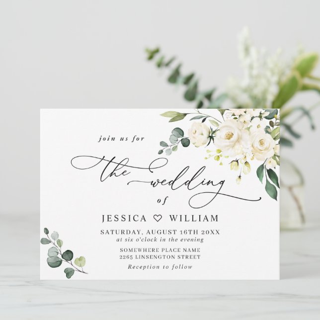 Elegant Eucalyptus White Roses Greenery Wedding Invitation (Standing Front)