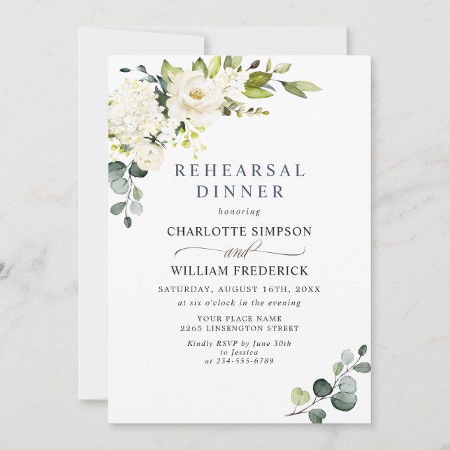 Elegant Eucalyptus White Roses REHEARSAL DINNER Invitation (Front)