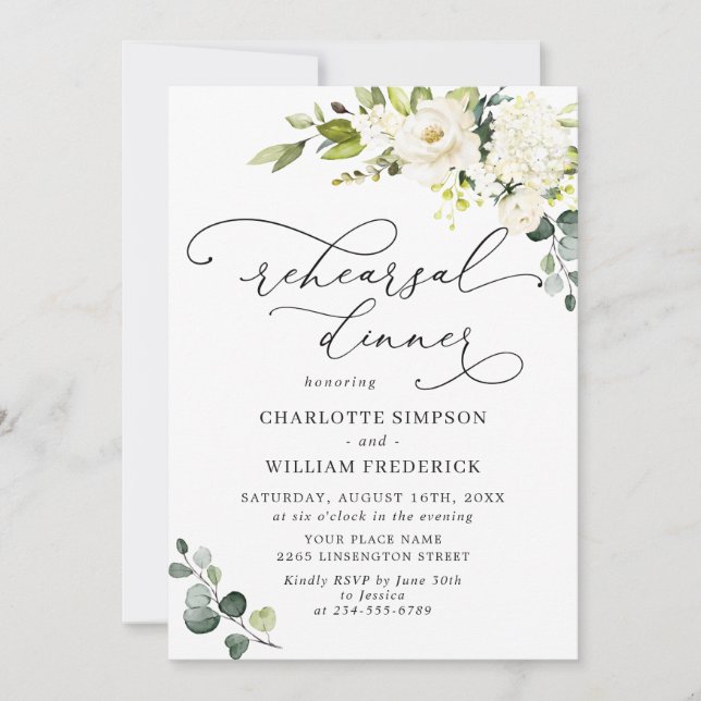 Elegant Eucalyptus White Roses REHEARSAL DINNER Invitation (Front)