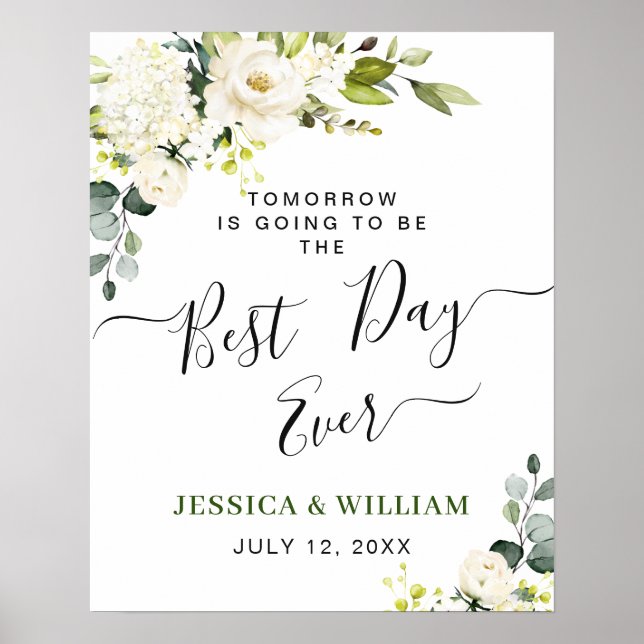 Elegant Eucalyptus White Roses Rehearsal Dinner Poster (Front)