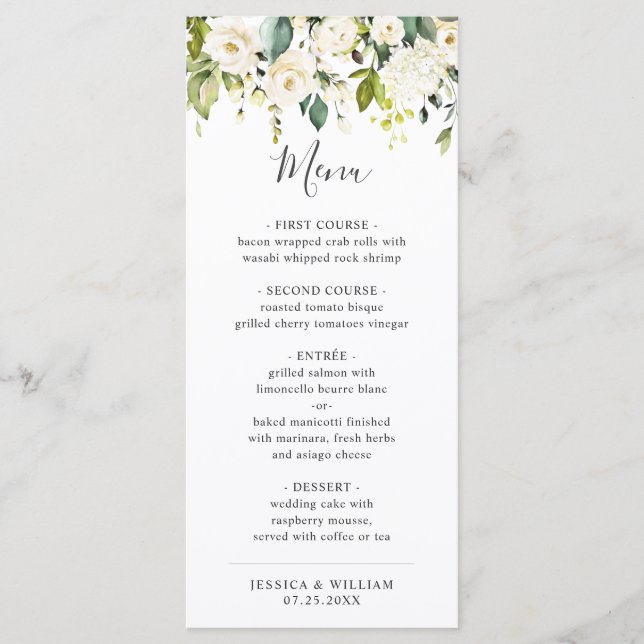 Elegant Eucalyptus White Roses Wedding Dinner Menu (Front)
