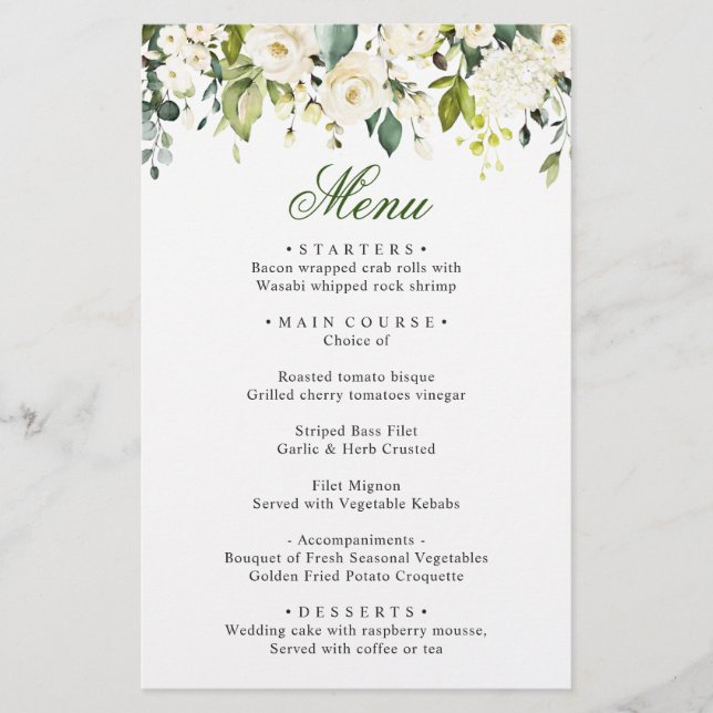 Elegant Eucalyptus White Roses Wedding Dinner Menu (Front)