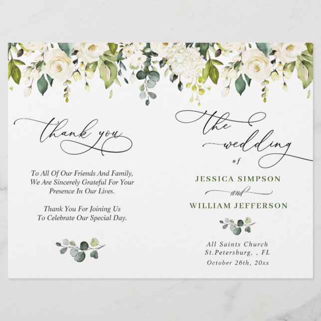 Elegant Eucalyptus White Roses Wedding Program (Front)