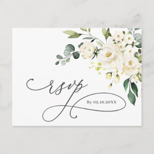 Elegant Eucalyptus White Roses Wedding RSVP Postcard