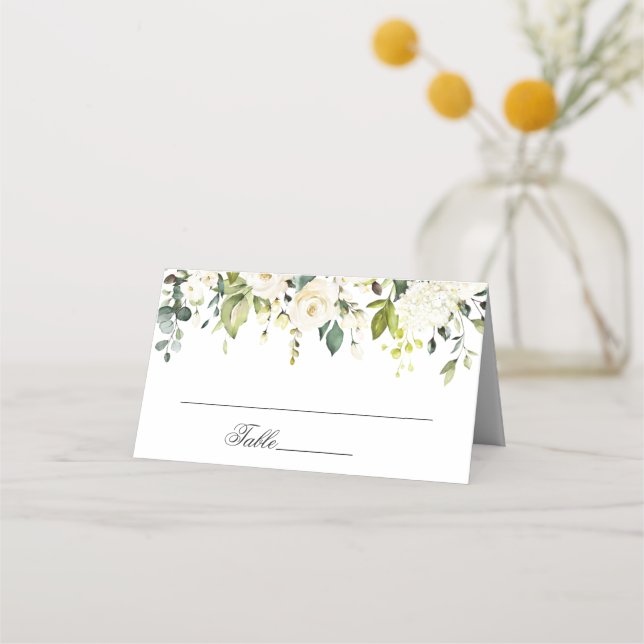 Elegant Eucalyptus White Roses Wedding Table Place Card (Front)