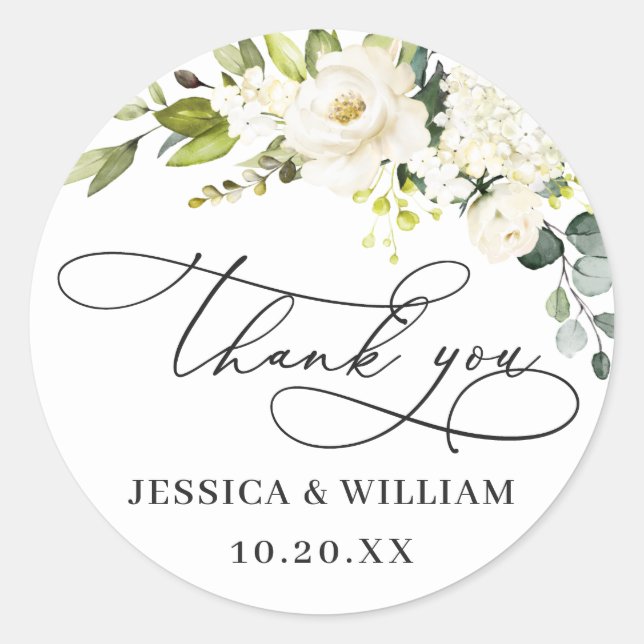 Elegant Eucalyptus White Roses Wedding Thank You Classic Round Sticker (Front)