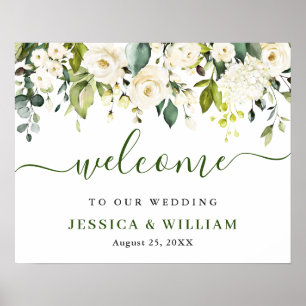 Elegant Eucalyptus White Roses Wedding Welcome Poster