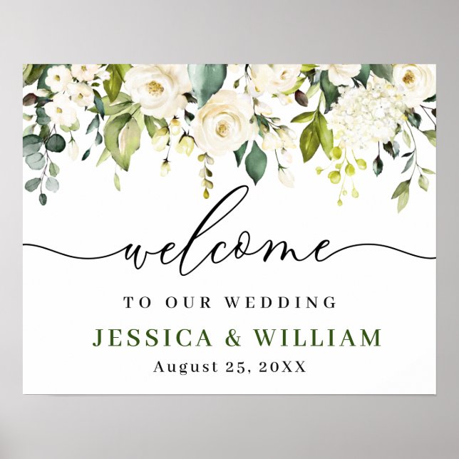 Elegant Eucalyptus White Roses Wedding Welcome Poster (Front)