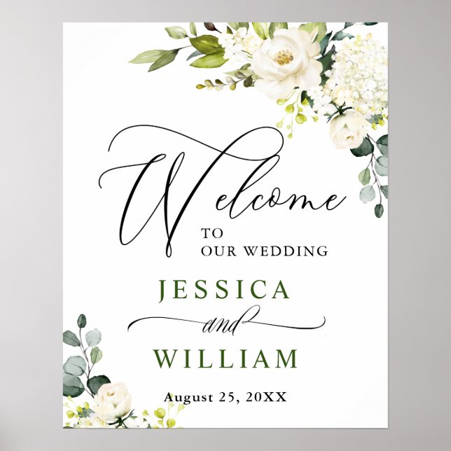 Elegant Eucalyptus White Roses Wedding Welcome Poster (Front)