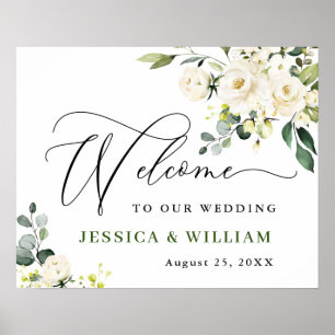 Elegant Eucalyptus White Roses Wedding Welcome Poster