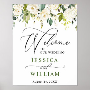 Elegant Eucalyptus White Roses Wedding Welcome Poster