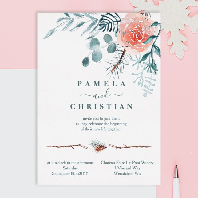 Elegant Eucalyptus, Winter Blush Rose Wedding (eucalyptus green watercolor winter pink rose pinecones silver foil wedding invitations)
