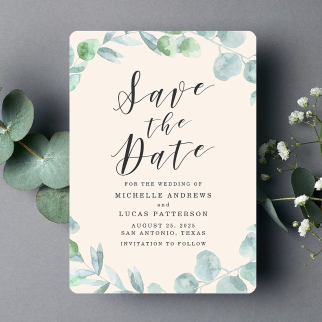 Elegant Eucalyptus Wreath Cream Save the Date Card (Creator Uploaded)