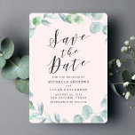 Elegant Eucalyptus Wreath Pink Save the Date Card<br><div class="desc">Modern save the date featuring "Save the Date" displayed in a dark grey calligraphy script with a light pink background. A wreath of watercolor eucalyptus leaves in multiple shades of green surrounds your names, wedding date, wedding location, etc. The eucalyptus save the date reverses to display a sage green background...</div>