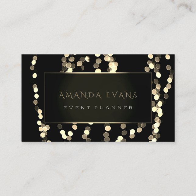 Elegant Event Planner Black White Frame Spark Gold Business Card (Front)